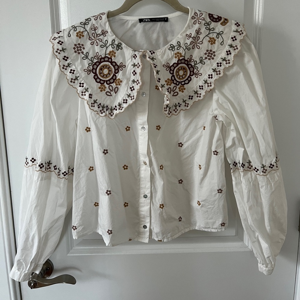 Zara White Embroidered Women's Top - S